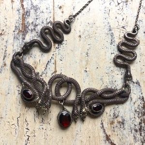VINTAGE Sterling Silver Snake Necklace with Faceted Garnets 16"